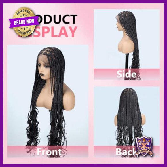 36 Inch Knotless Box Braid Wig with Curly Ends, Full Lace Synthetic Fiber